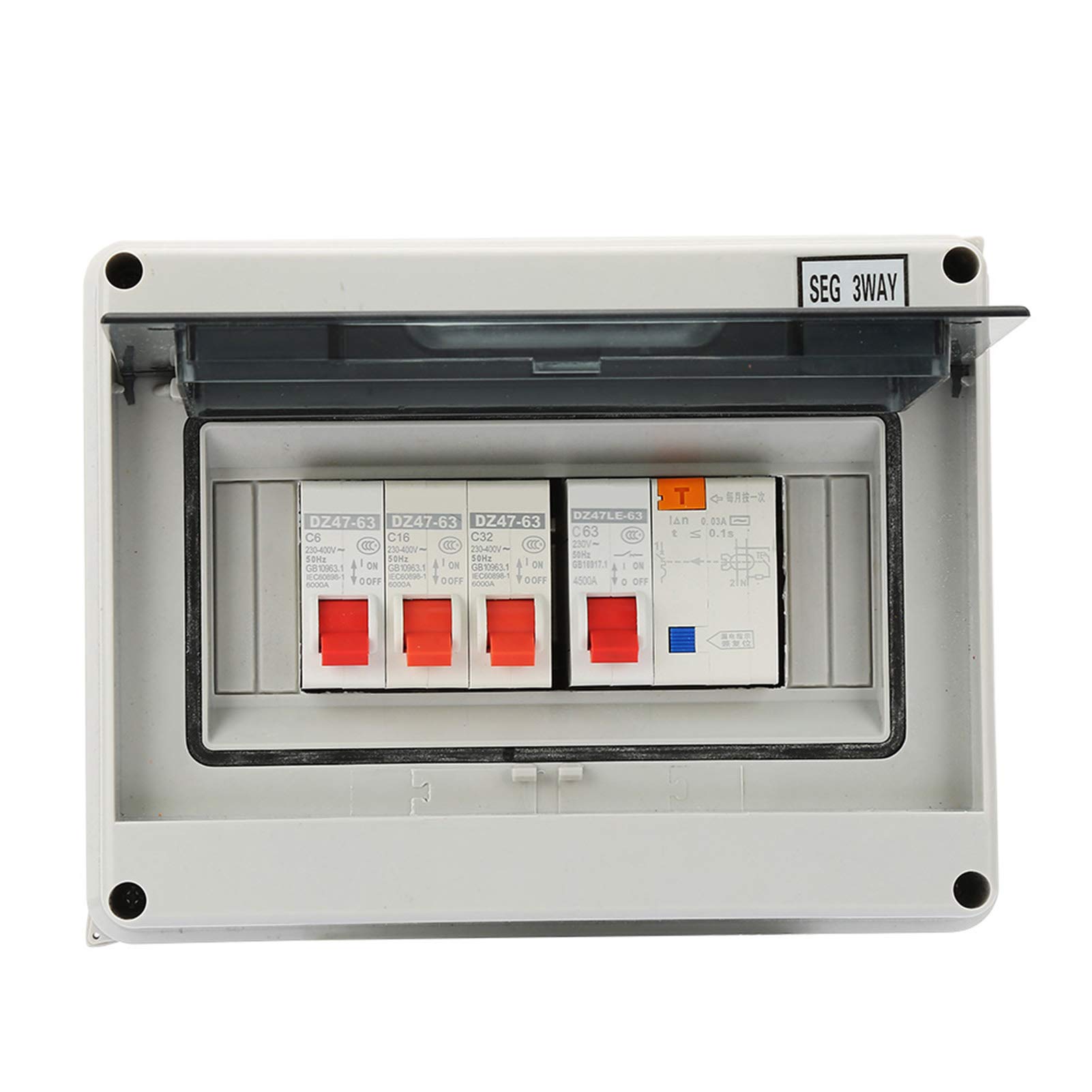 3 Way Consumer Unit, Leakage Circuit Breaker Box Board 63A 30mA RCD 3 MCB 6A+16A+32A, IP65 Protective Plastic Shield
