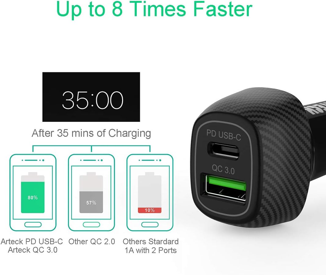 Car Charger, Arteck 40W/8A PD USB-C Type C/Quick Charge 3.0 USB Port Adapter with 2 USB Port - Image 3