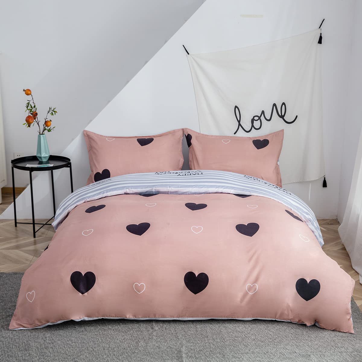 Morbuy Pink Heart Duvet Cover Set Double Bedding Set 3 Pieces, Soft Comfy Microfiber Love & Stripe Pattern Reversible Quilt Cover Zipper Closure with 2 Pillow Cases
