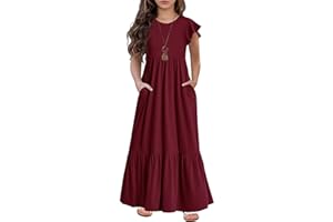 HOSIKA Girls Summer Ruffle Short Sleeve Crew Neck Loose Casual Flowy Tiered Maxi Dress with Pockets for 6-12 Y