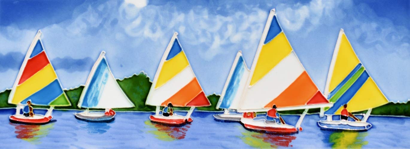 Benaya - Handcrafted Ceramic Art – Coastal Sailing – 16" x 6" Tile - Home Decor