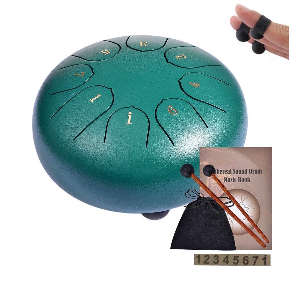 Wzto Tambour Handpan 6 Pouces Vert, Steel Tongue Drums À 8 Tons Mini Instrument À Percussion En Acier De Tambour À Main Avec Sac, Livre De Musique- Idéal Pour Le Camping, Le Yoga, La Méditation
