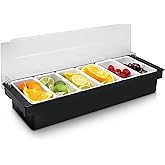 POWLAB Ice Cooled Condiment Serving Container Fruit Veggie Condiment Caddy Plastic Garnish Station with Lid for Fruit,Ice Cream,Salad Bar-Topping Organizer for Restaurant Supplies (6 Compartments)