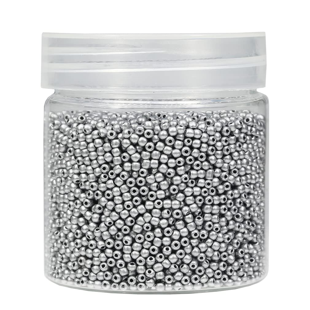 Bala&Fillic Size 2mm Round Seed Beads 10000pcs/110 Grams in Box 12/0 Matte Silver Small Craft Seed Beads for Making Jewelry Earring Bracelets Necklace (Matte Silver)