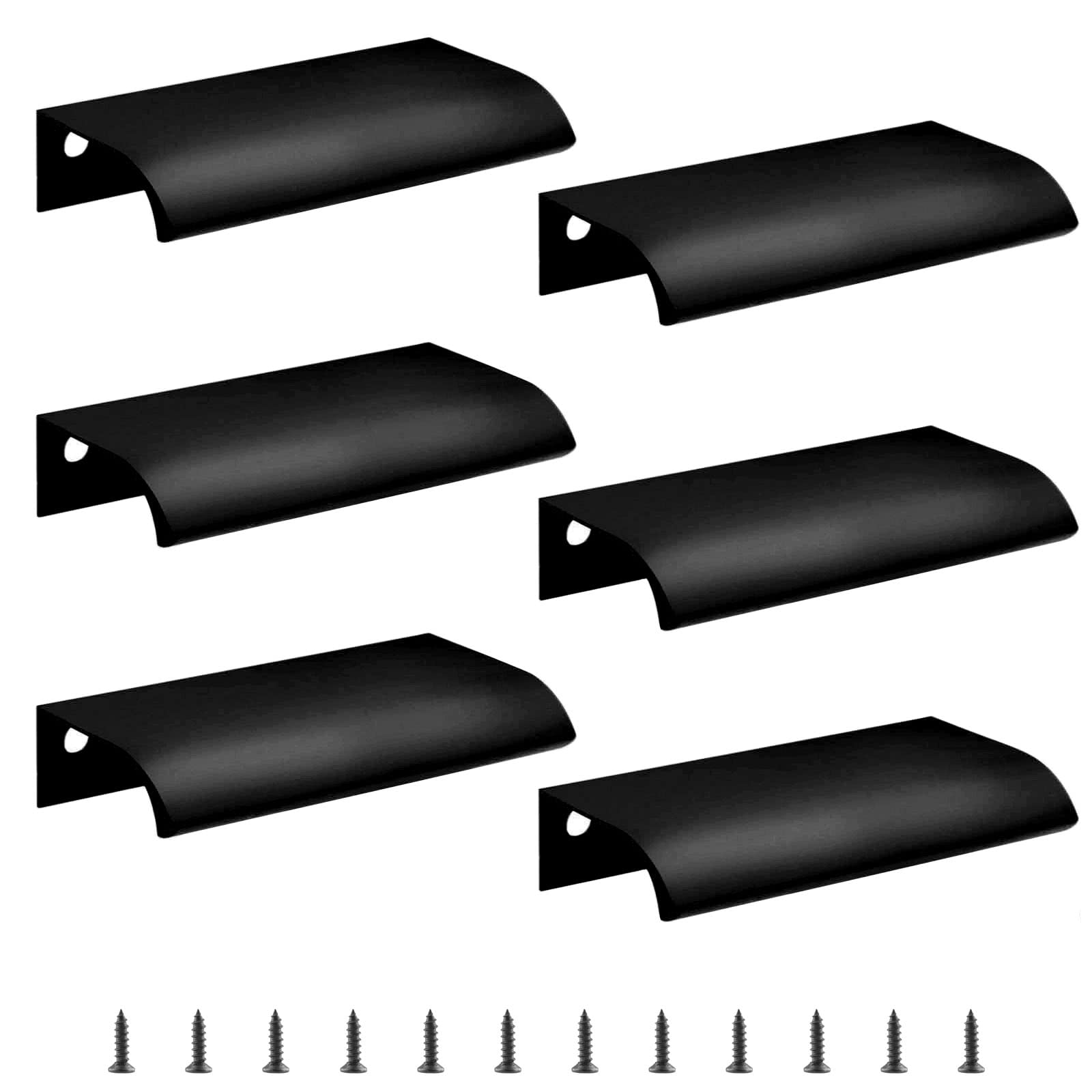 Cjueiom 6 Pack Concealed Kitchen Cupboard Handles 64mm Hole Center Hidden Drawer Pulls, Finger Edge Pull Aluminum Cabinet Handle Invisible Door Knob for Wardrobe (80mm Total Length, Black)