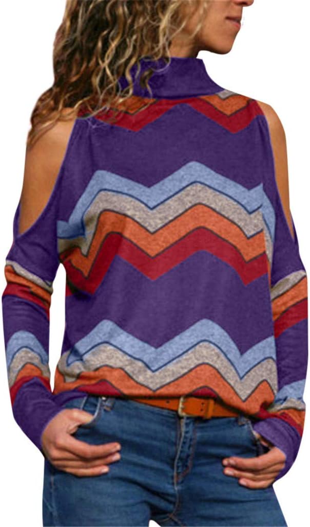 Linkay Women Cold Shoulder Blouse Geometric Floral Print Jumper Ladies Top