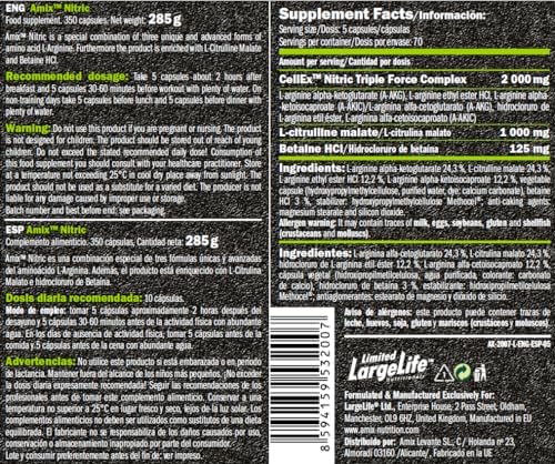 - Nitric - Suplemento Alimenticio - Contiene Óxido Nitrico - Mejora la Fuerza - Favorece la Congestión - Nutrición Deportiva - Contiene 350 Cápsulas