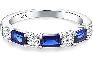 RANDES 3.5mm Half Eternity Band Sterling Silver Rings for Women Sapphire/Ruby/Emerald and Cz Wedding Bands 7 Stone Stackable Birthstone Ring Anniversary Jewelry Size 6-10