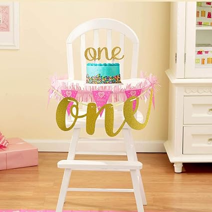 Lqsmile 1st First Birthday Decoration For Baby Girl Boy One High Chair Banner One Cake Topper In Gold Glitter Double Sided