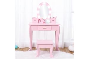 Wpond Kids Vanity Set with Mirror and Drawer - Pretend Play Dress-Up Fun, Lights & Wooden Makeup Playset for Girls 4-9 Yrs, Pink