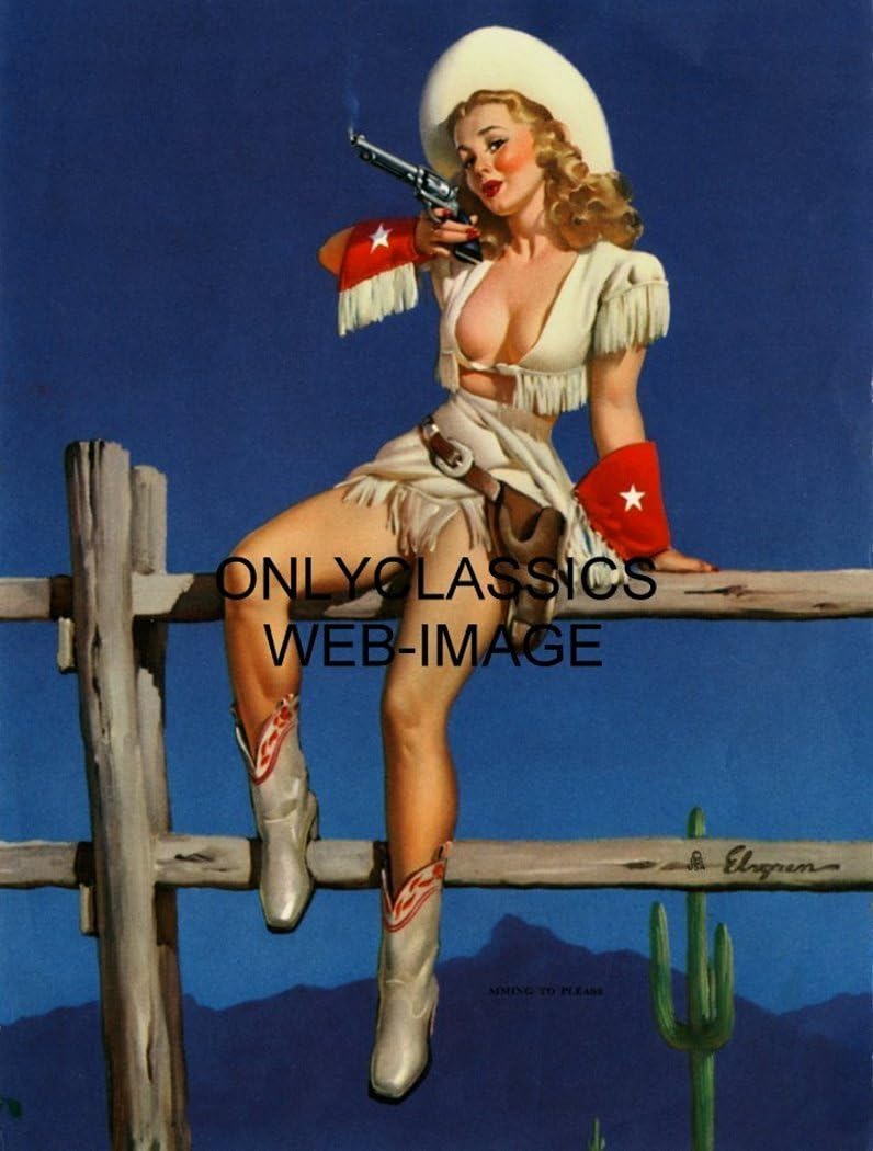 Schneider Electric 1940's Sultry Cowgirl Cowboy Aiming to Please Print Pinup Cheesecake GIL ELVGREN