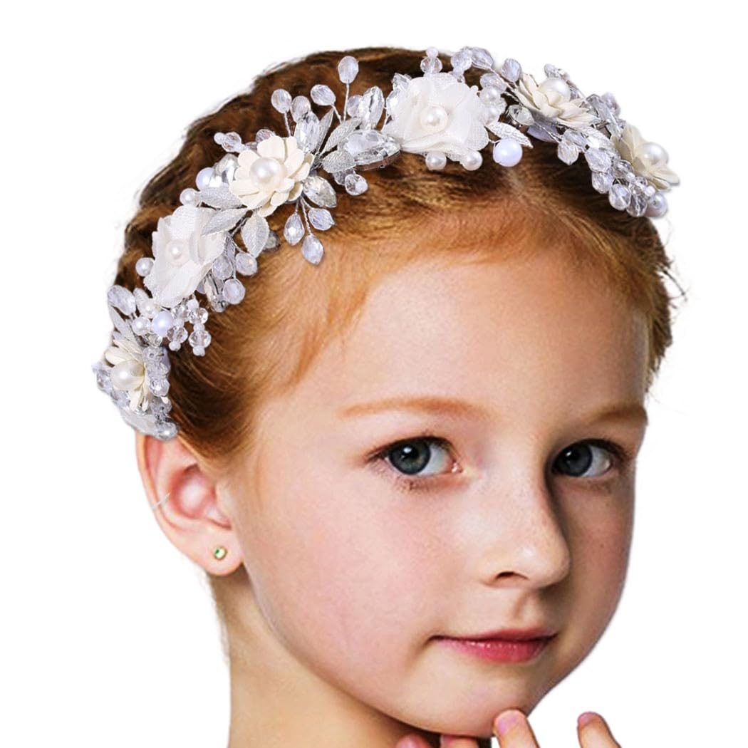 IYOU Flower Princess Headpiece Silver Sparkly Crystal Hair Dress Pearl Communion Wedding Hair Accessoris for Girls