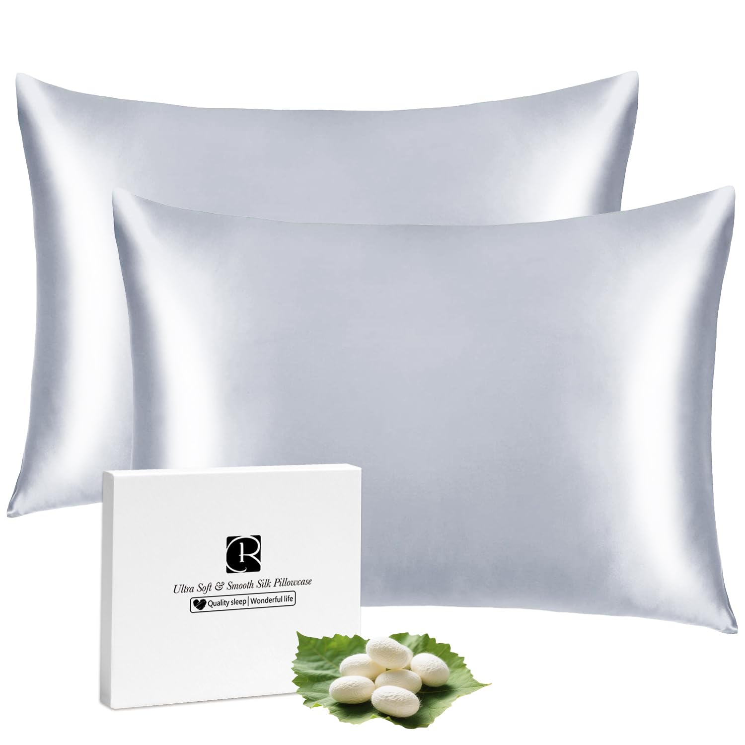 Ravmix Silk Pillowcase for Hair and Skin 21Momme Both Sides Mulberry Silk Pillow Case with Hidden Zipper, 2 Pack, Standard 50×75 CM, Silver Grey — image 1