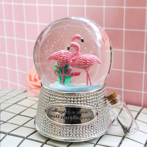 QTMY Musical Snow Globes Pink Flamingo Ornament Music Boxes with Led