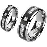 thumbnail interactive-video image 1 of KinswayJewelry His & Hers 3-Piece Wedding Ring Set - Black Stainless Steel & Titanium With Cubic Zirconia 1 of 6