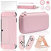 BRHE Cute Travel Carrying Case for Nintendo Switch / Switch OLED Accessories Kit with Hard Protective Cover, Glass Screen Protector, Ultra-Thin Adjustable Stand and Thumb Grip Caps 10 in 1 (OLED Pink)