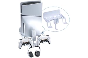 NANANINO PS5 Slim Wall Mount Kit, Playstation 5 Slim Wall Mount Kit with 2 Detachable Controller Holder, Headphone and Remote Control Mount, Steel Wall Stand - White