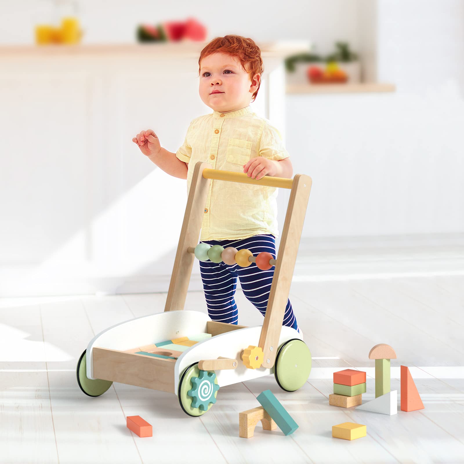ROBUD Wooden Baby Push Walker for Boy Girls, Baby Learning Walking Toys, with Wooden Building Block Burlywood WG189