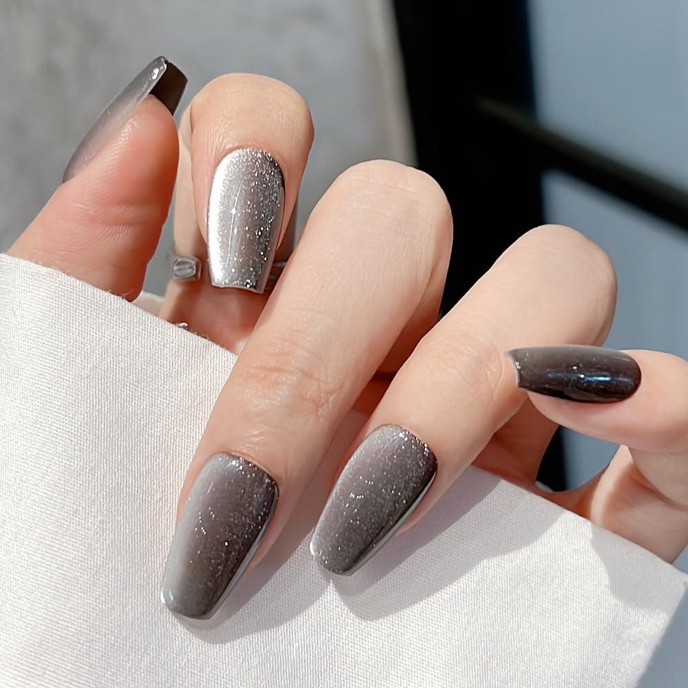Pure Handmade Nails Press on Nail Reusable Fake Nails Black CatsEyes Bling Bling Nude Medium Stick on Nails French Tip False Nails 10pcs (M, Q284)