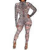 NIFTRIRY One Jumpsuit for Women Long Sleeve Zebra Print Sheer Bodycon Jumpsuit for Women Sexy Romper Club Outfits