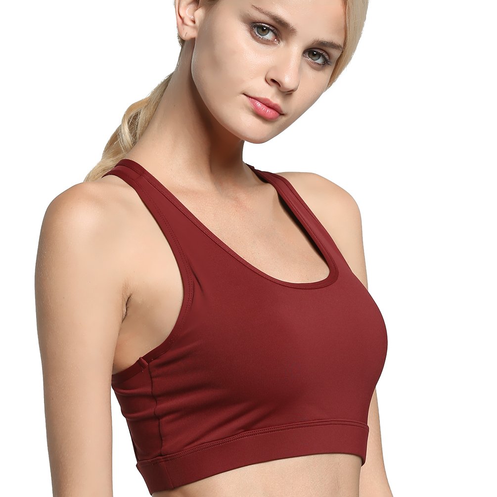 FITIBEST Women Wireless Sports Bra Padded Exercise Bra Wirefree Yoga Bra High Impact Workout Bra Breathable Fitness Racerback with Back Phone Pocket, Wine Red