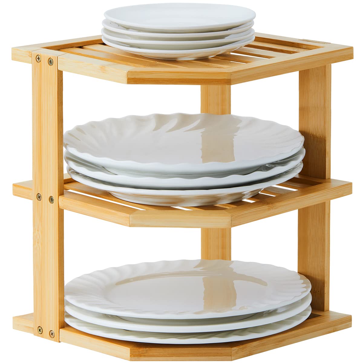 Photo 1 of Apicizon Kitchen Corner Shelf, Plate Organizer for Cabinet, Bambo Corner Cabinet Shelf 3 Tier Kitchen Pantry Wall Mount Kitchen Storage Shelves Organizer, Brown