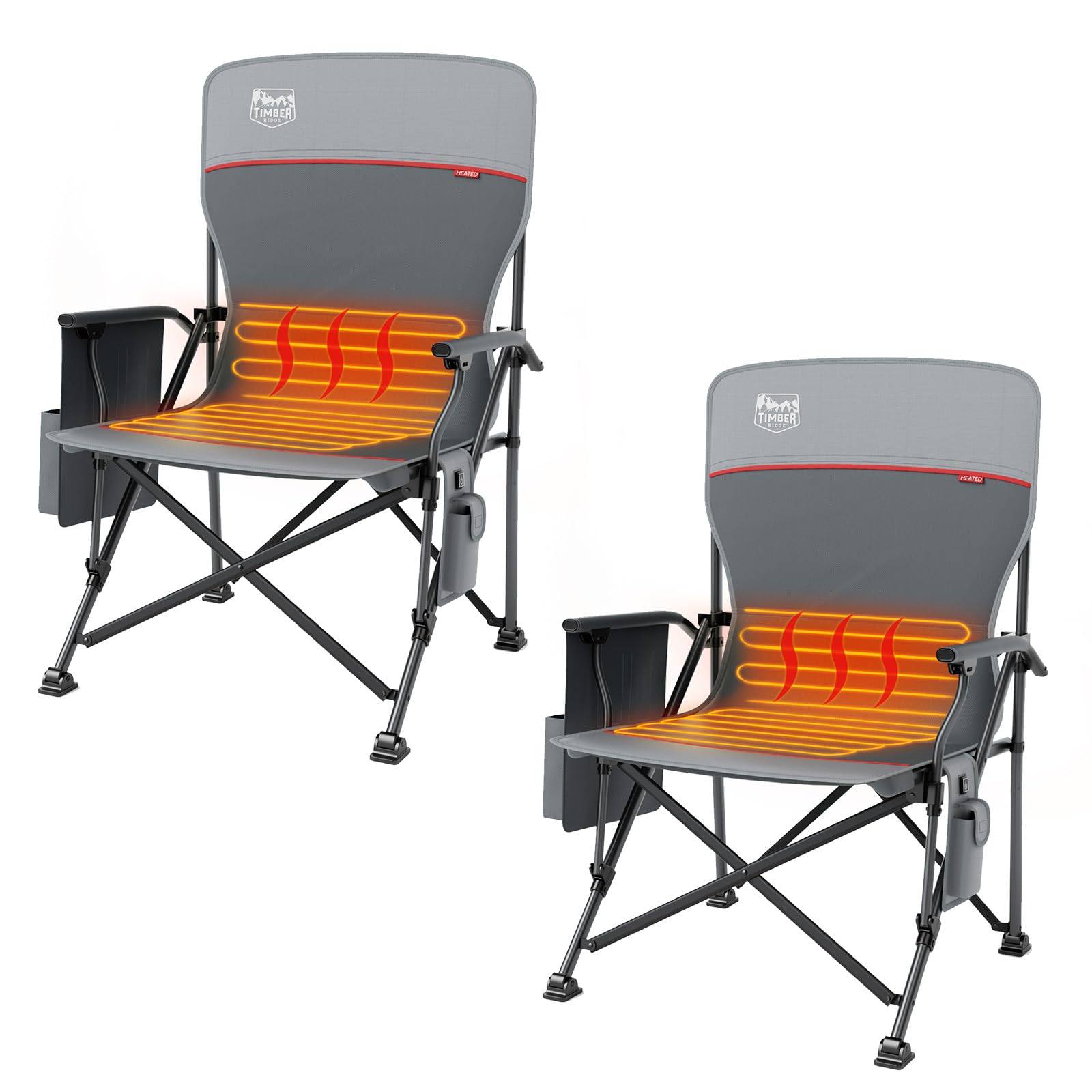 TIMBER RIDGE Oversized 2 Pack Heated Camping Chair for Outdoor Sports, High Back Padded Lawn Chair for Adults Support Up to 500lbs with Cup Holder, Side Pocket(Power Bank not Included) Image