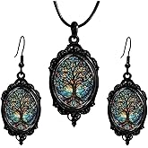 GYRMMUE Gothic Cameo Glass Earrings Necklace Set,Vintage Mystery Witch/Bat/Raven Earring Necklace Punk Style Vampire Satan Devil Jewelry Set Halloween Costume for Women