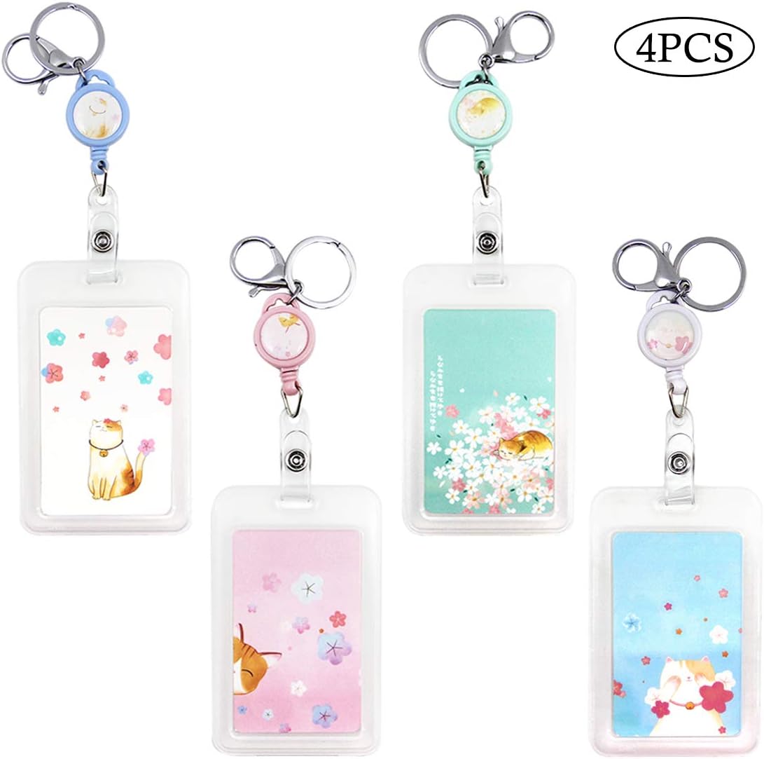 BetterJonny 4pcs Badge Holder, Cartoon ID Badge Holders Cute Card Holder with Retractable Reel Keychain and Keyring for Identity Card Pass Badge