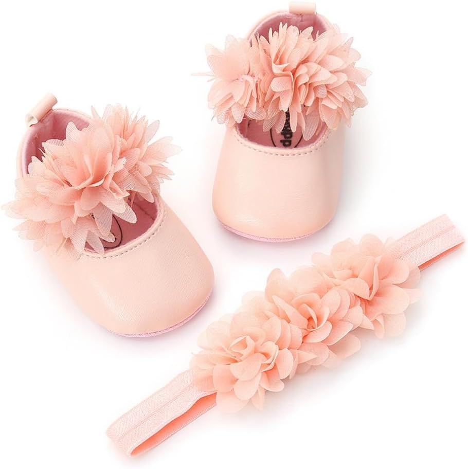Longra for 0-18 Mouth Toddler Girls Sandals, Baby Kids Cute Flower Leather Fashion Toddler First Walkers Kid Soft Anti-Slip Shoes +1PC Hairband