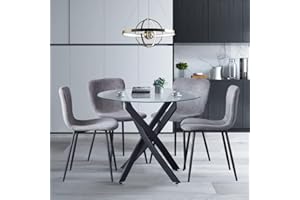 NIERN Round Glass Dining Table Set for 4, 5-Piece Modern Kitchen Table Set with 4 High-Back Upholstered Chair for Kitchen Dining Room (Grey)