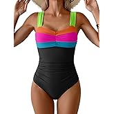 Eomenie Women Swimsuit Tummy Control Ruched One Piece Bathing Suit Color Block Square Neck Swim Suit with Adjustable Straps