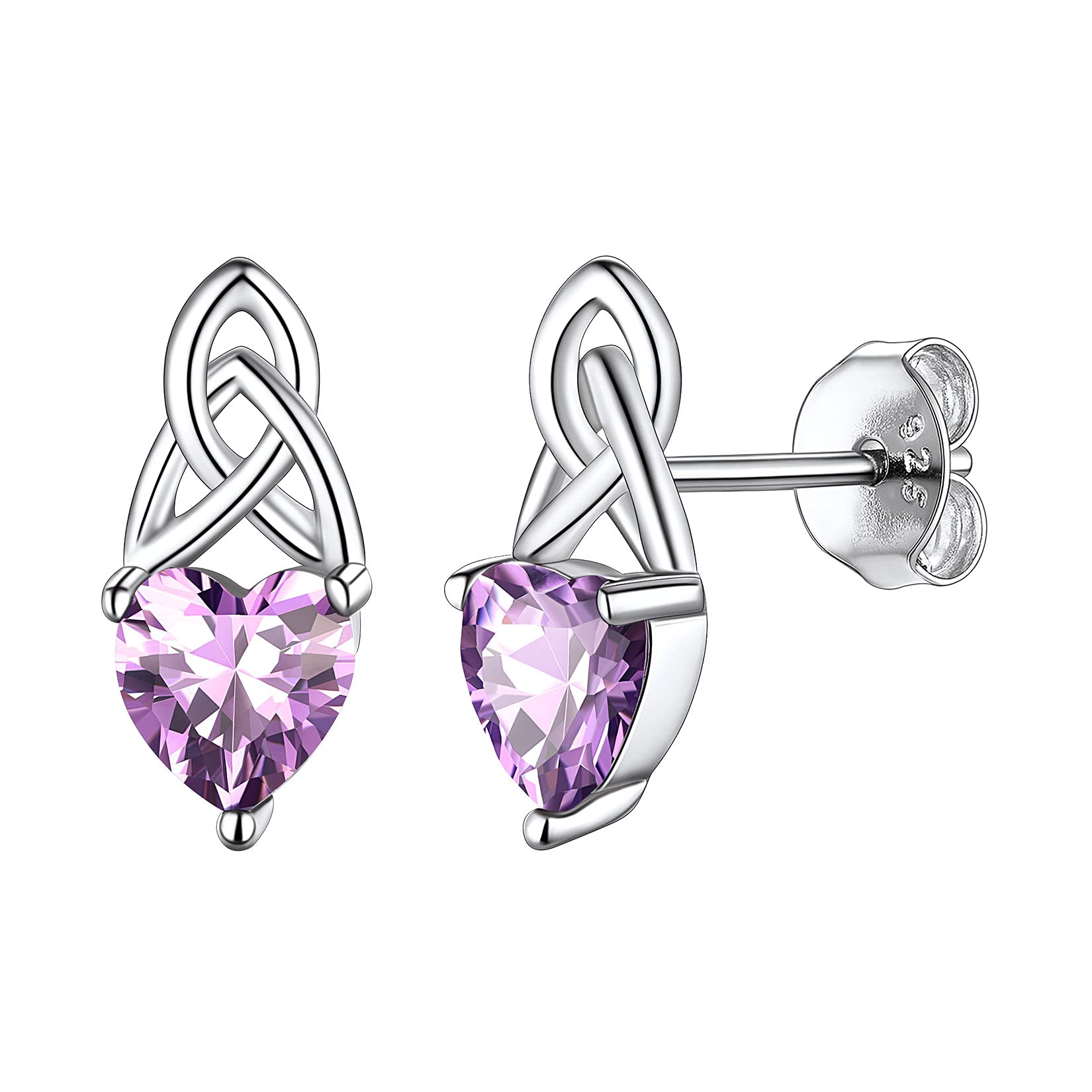 Suplight 925 Sterling Silver Dainty Cute Hypoallergenic Comfortable Triquetra Celtic Triune Knot Love Heart Simulated Purple Alexandrite June Birthstone Stud Earrings Irish Jewelry for Women Girls