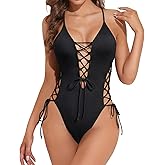 Tempt Me Women Sexy Lace Up One Piece Swimsuit Deep Plunge V Neck High Cut Bathing Suits