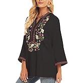 AK Embroidered Tops for Women 3/4 Sleeve Bohemian Mexican Floral Peasant Shirts Loose Tunic Blouses
