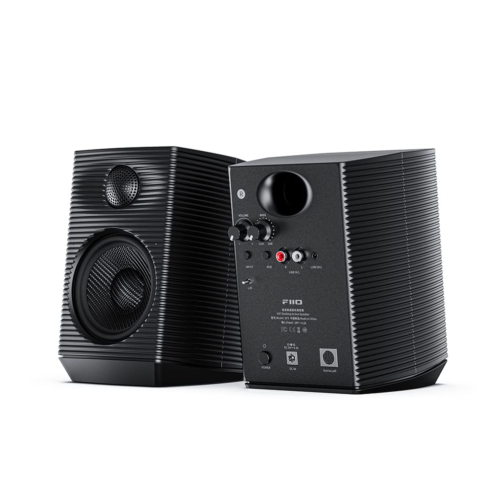 FiiO SP3 Altavoces activos de escritorio HiFi con alimentación - Altavoces estéreo para computadora de 80 W y sistema de sonido de música para el hogar con audio AUX/RCA, 2 vías (negro)