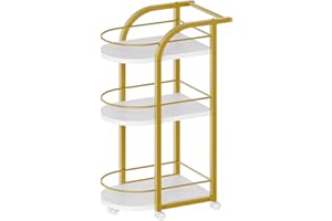 YATINEY 3-Tier Bar Cart, Home Bar Serving Cart with Fence and Wheels, for Dining Room, Living Room, Garden, Party, White and Gold BC06DW
