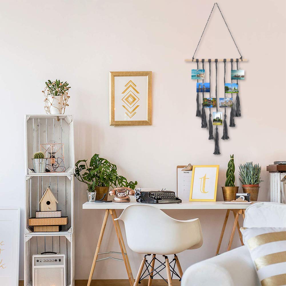 VGOODALL Wall Hanging Photo Display,Macrame Wall Decor Photo Organizer Tassel Wall Hangings Thanksgiving Gift Christmas Decorations(Dark Gray)