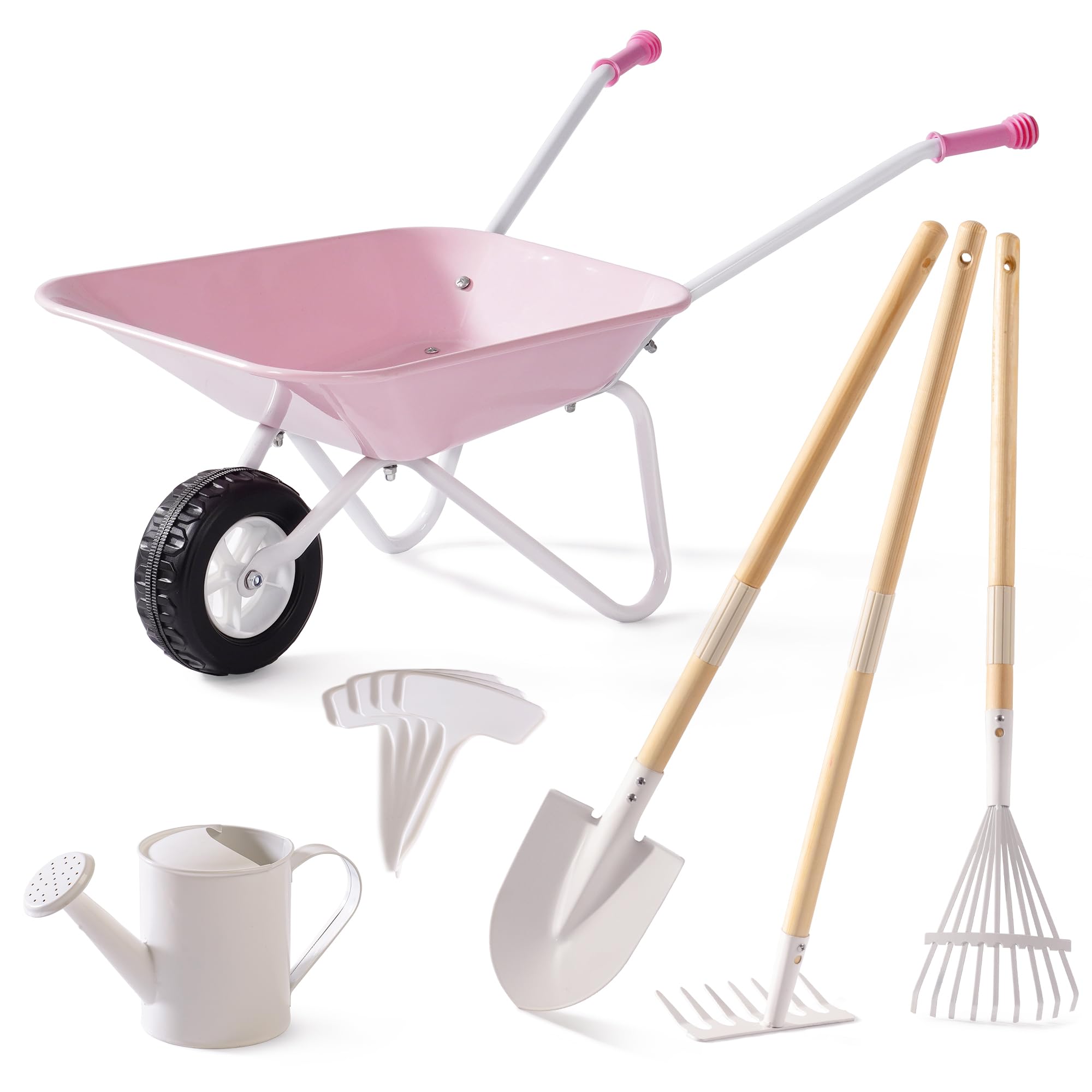ROBUD Kids Wheelbarrow with Gardening Tools Set, Metal Wheelbarrow with Long Shovel, Hoe, Rake, Watering Can & Plant Labels, Kid Garden Tools Kit, Outdoor Gifts Toys for Girls Boys Age 3-14, Pink