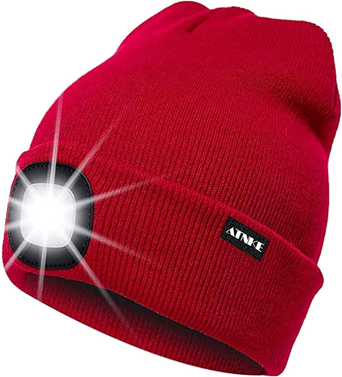 ATNKE LED Lighted Beanie Cap,USB Rechargeable Running Hat Ultra Bright 4 LED Waterproof Light Winter Warm Gifts for Men and Women/Red — image 1