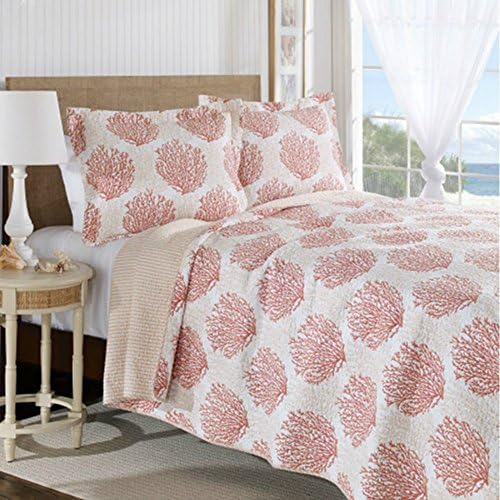 King Size Bedspread Coverlet Quilt Set with Pink Coral Pattern for Teen Girls Bedroom - 3 Pieces