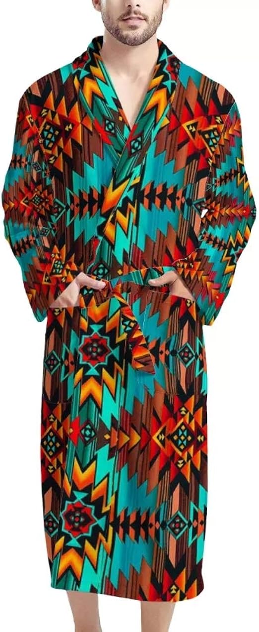 WELLFLYHOM Aztec Tribal Stripe Mens Housecoats and Robes Big and Tall