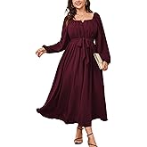 SCOMCHIC Women Plus Size Maxi Dress Long Sleeve Square Neck Wedding Guest Cocktail Belted Elegant Flowy A Line Long Dresses