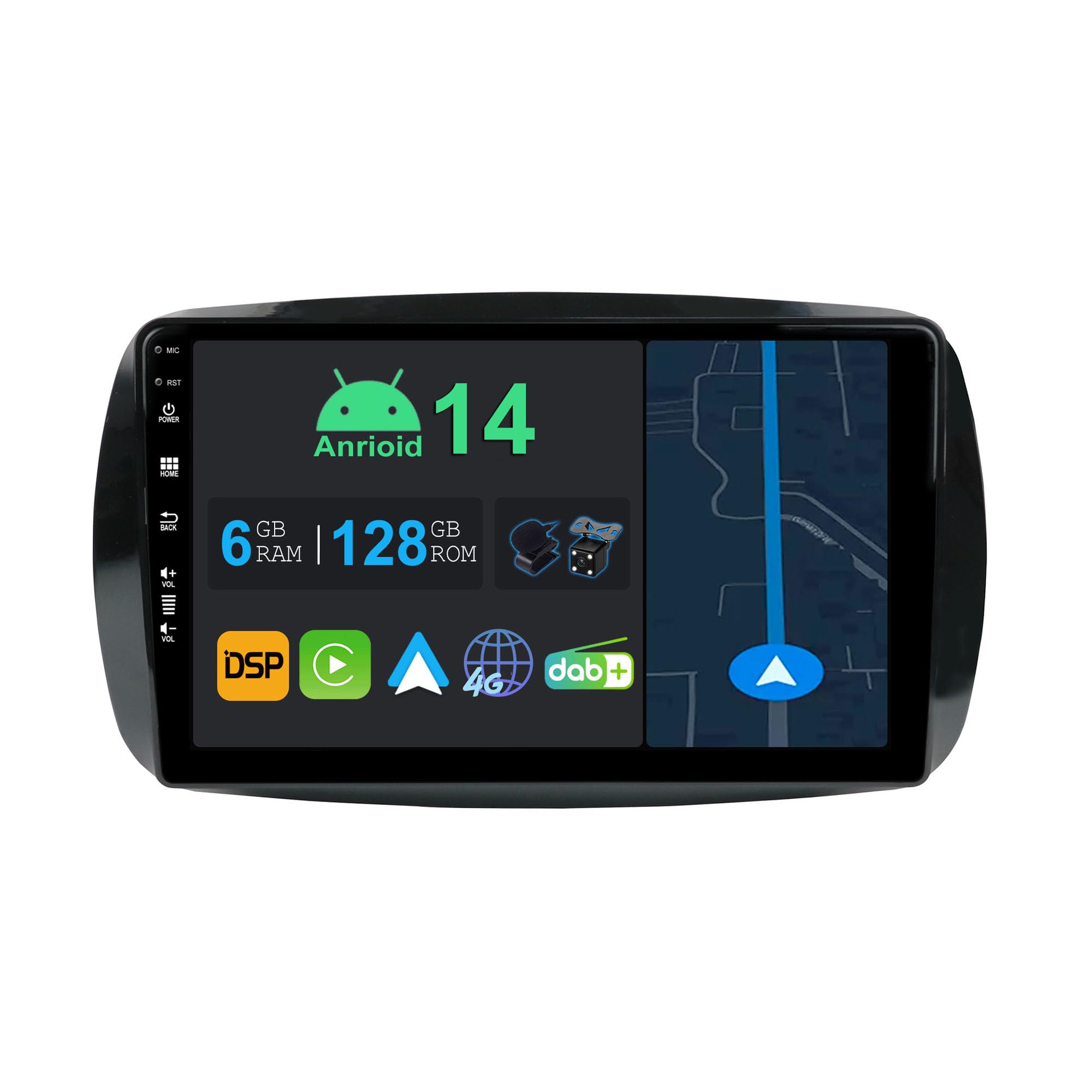 YUNTX 9 Inch Android 14 Car stereo for Mercedes Benz Smart 453 Fortwo 2014-2020 | Octa Core | 6GB 128GB | Built-in 4G LTE | CarPlay&Android Auto | DSP | DAB | HDMI | Dual Band WIFI | Bluetooth 5.0