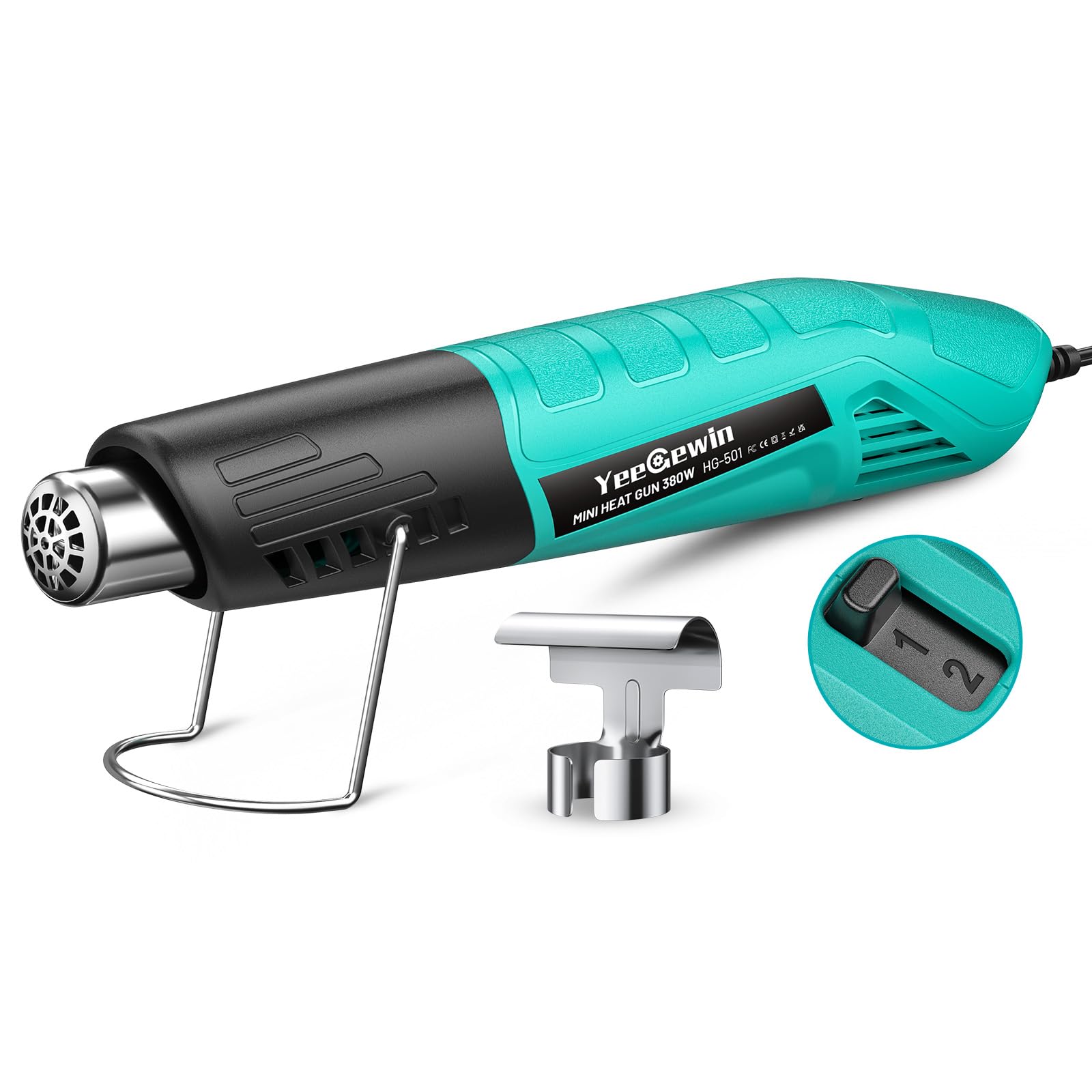 Photo 1 of Yeegewin Heat Gun, 380W Fast Heat Mini Hot Air Gun with 2-Temp Settings 480°F-850°F(249°C-455°C) Overheat Protection Reflector Nozzle, 4.9Ft Long Cable for Shrink Wrap,Vinyl, Crafts, Epoxy Resin