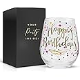 Your Dream Party Shop Happy Birthday 22oz Stemless Wine Glass, Happy Birthday Wine Glass with Gold Print, Perfect Birthday Gl