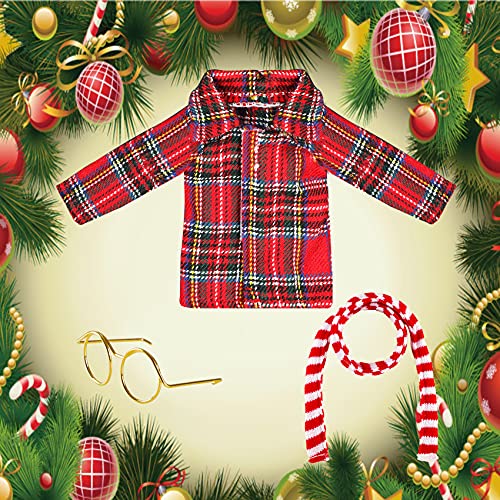 3 PCS Christmas Santa Couture Clothing Set Elf Doll Accessories Clothes Set Including Long Sleeved Shirt, Elf Glasses, Red and White Striped Scarf