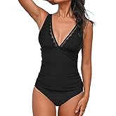CUPSHE Women's Tankini Sets V Neck Mesh Scalloped Two Piece Bathing Suits Adjustable Straps Mid Rise Swimwear