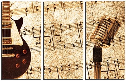 NAN Wind 3Pcs Modern Giclee Guitar Decor Canvas Prints Music Notes Microphone Wall Art Vintage Music Picture Paintings on Canvas Stretched and Framed Ready to Hang for Home Decor