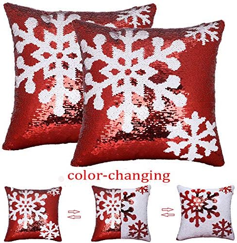 Throw Pillow Case 16x16 inch Glitter Reversible Sequins Snowflake Cushion Cover 40cm X 40cm Red White Soft Polyester Square Throw Pillow Covers Christmas Home Decor for Living Room Sofa Couch Set of 2